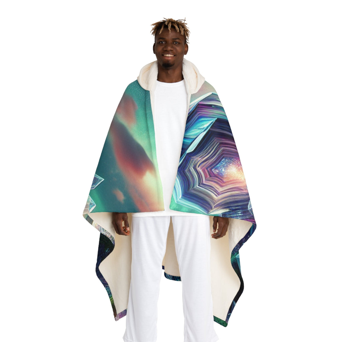 Hooded Sherpa Fleece Blanket with Northern Lights Design