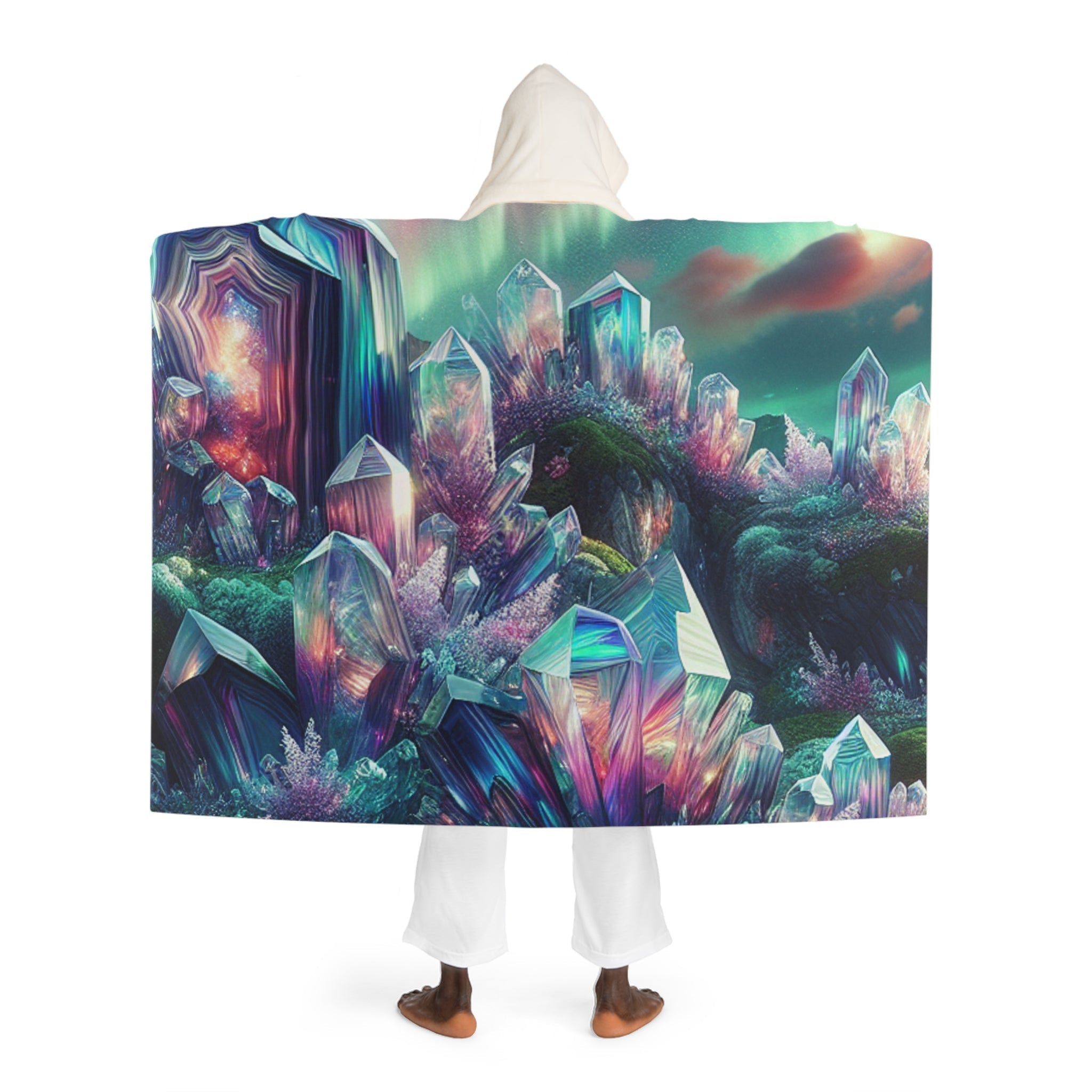 Hooded Sherpa Fleece Blanket with Northern Lights Design