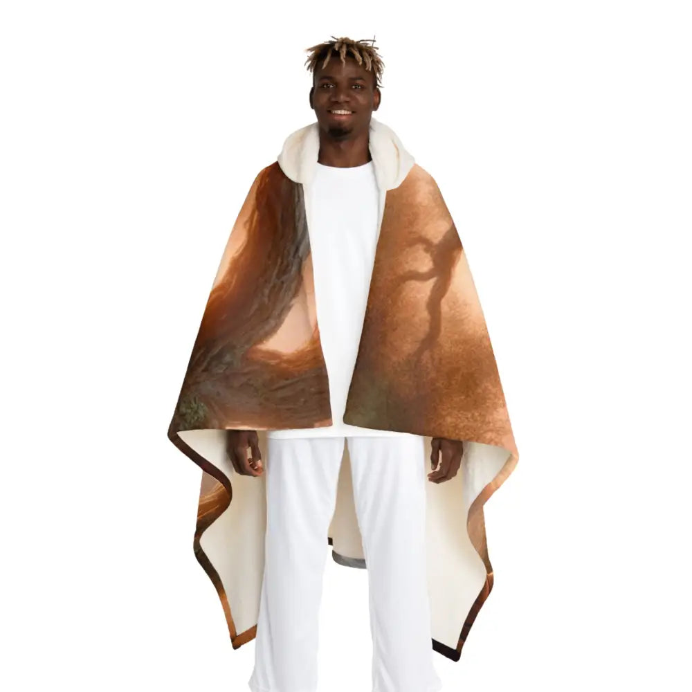 Hooded Sherpa Fleece Blanket with Oak and Sunset Scene