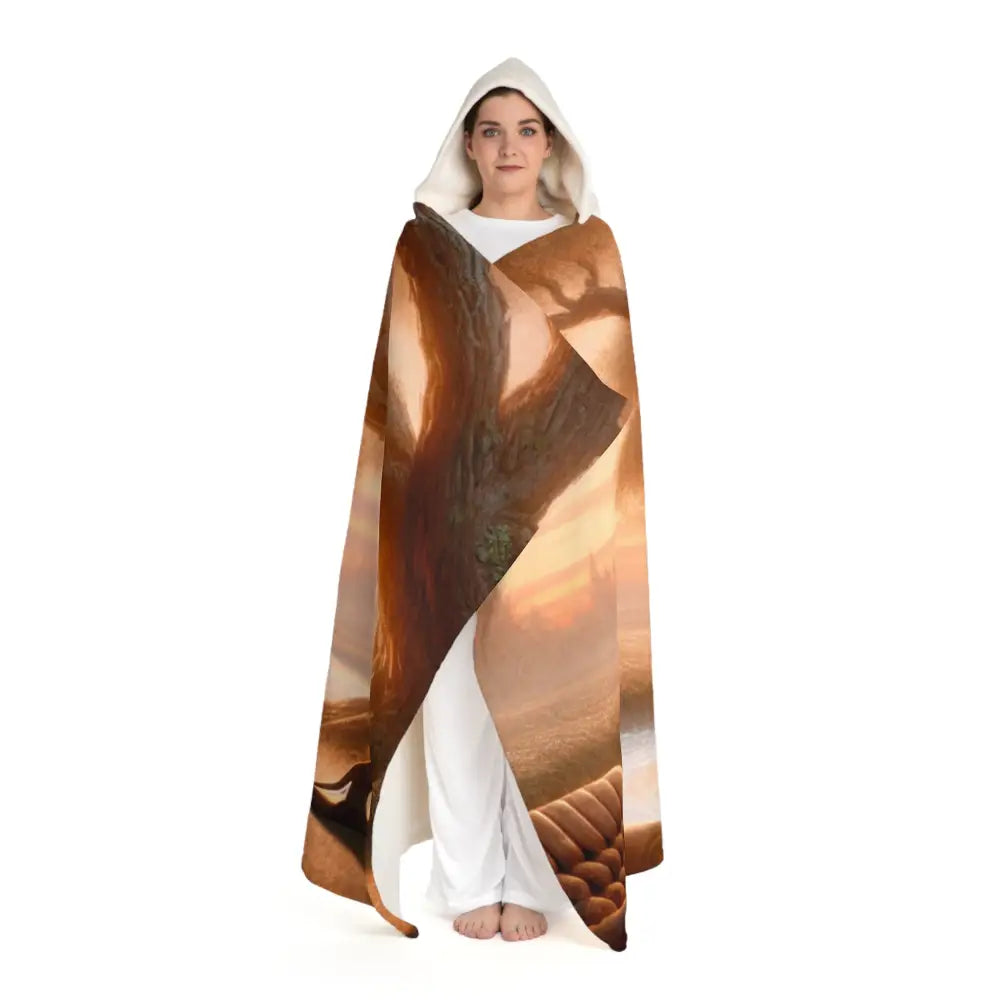 Hooded Sherpa Fleece Blanket with Oak and Sunset Scene