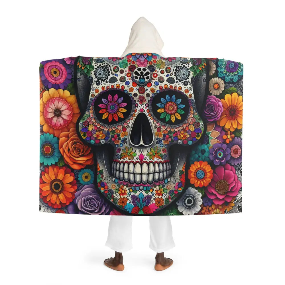 Hooded Sherpa Fleece Blanket with Sugar Skull Design