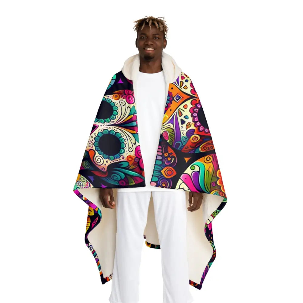 Hooded Sherpa Fleece Blanket with Sugar Skull Design