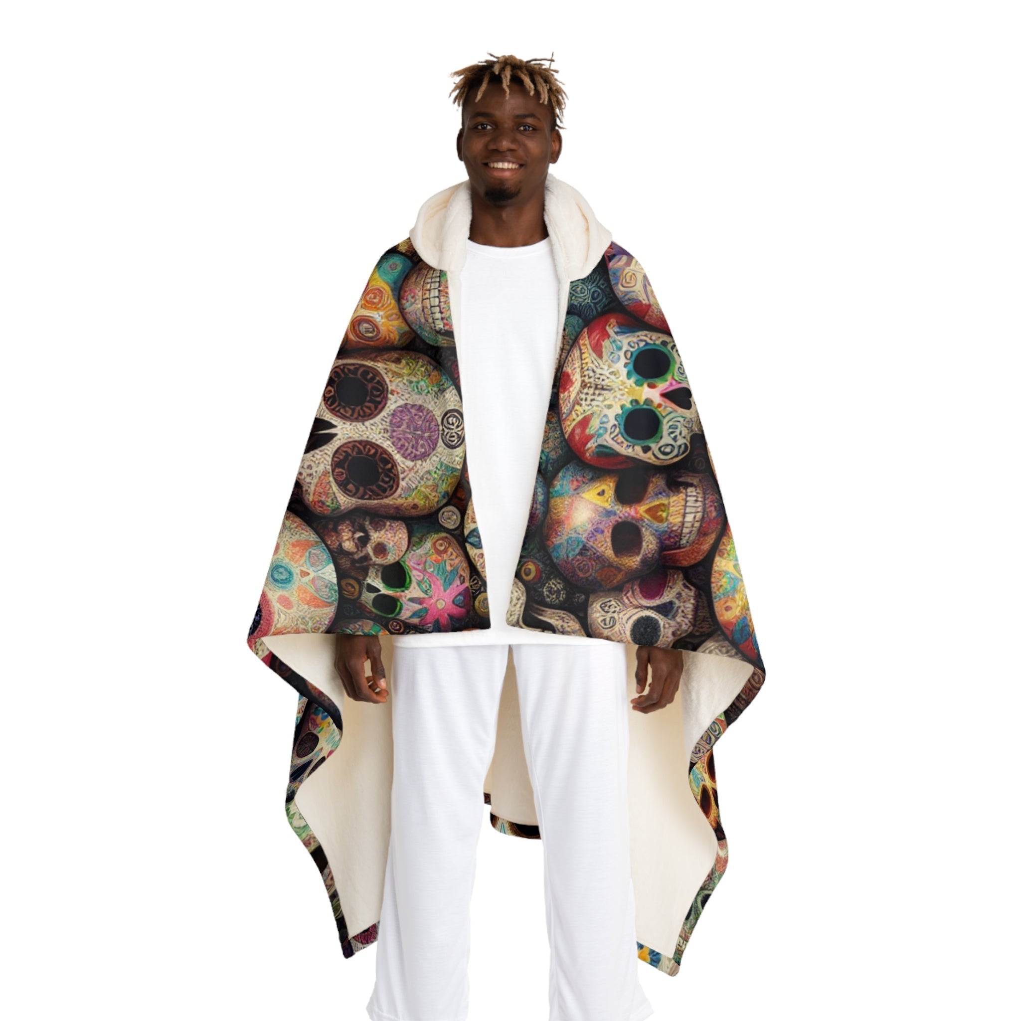 Hooded Sherpa Fleece Blanket with Sugar Skull Design