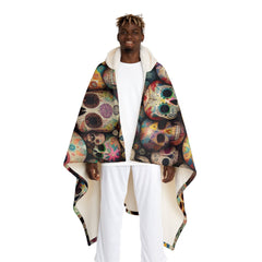 Hooded Sherpa Fleece Blanket with Sugar Skull Design