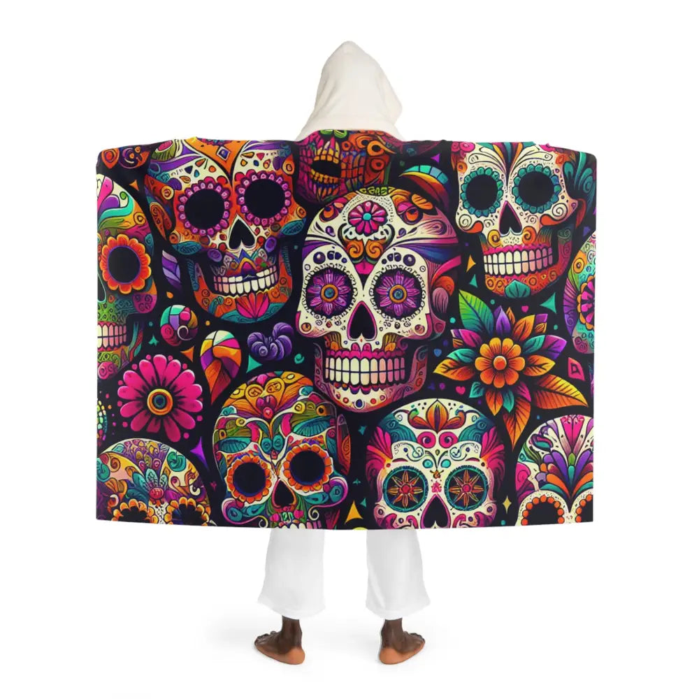 Hooded Sherpa Fleece Blanket with Sugar Skull Design