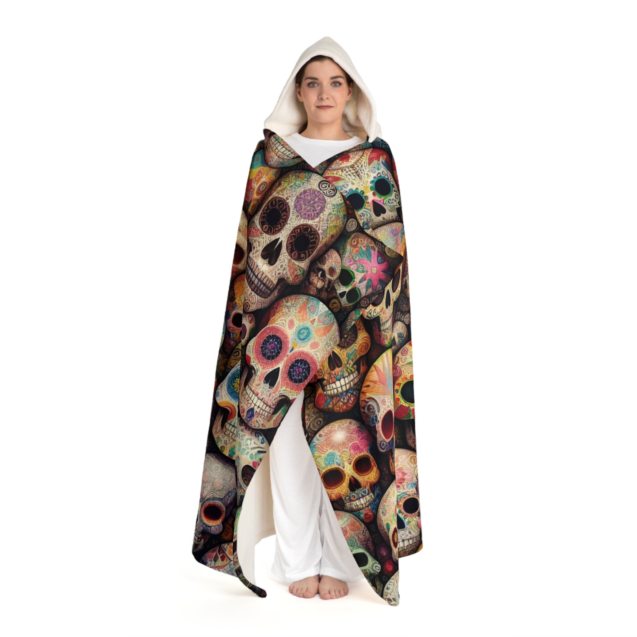Hooded Sherpa Fleece Blanket with Sugar Skull Design