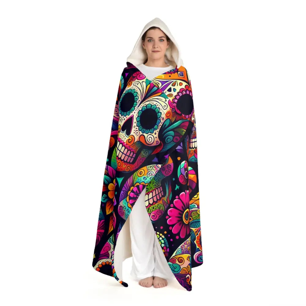 Hooded Sherpa Fleece Blanket with Sugar Skull Design