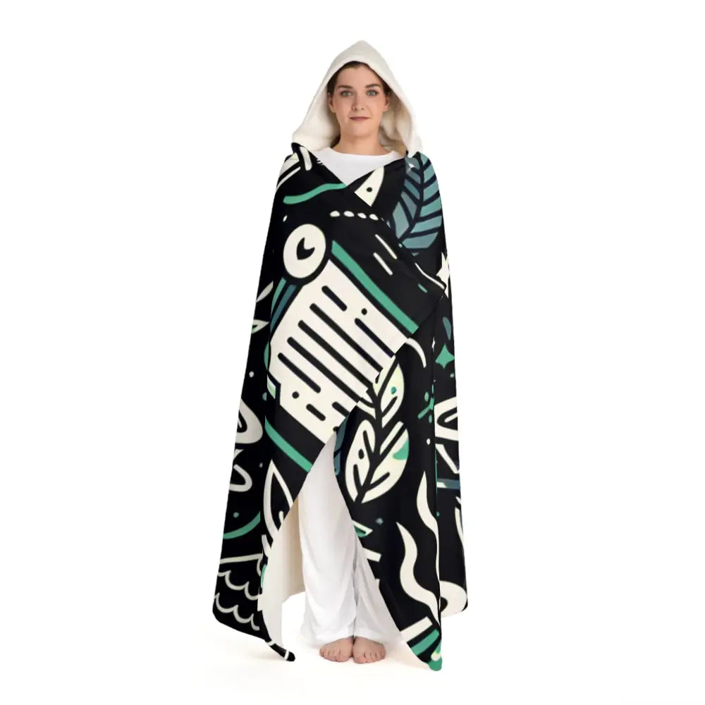 Hooded Sherpa Fleece Blanket with Wizard Magic Symbols