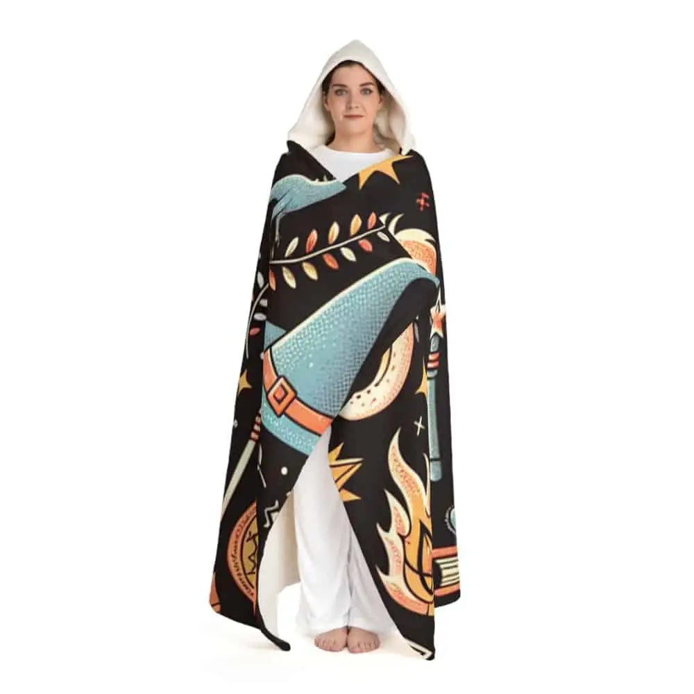 Hooded Sherpa Fleece Blanket with Wizard Pattern One size