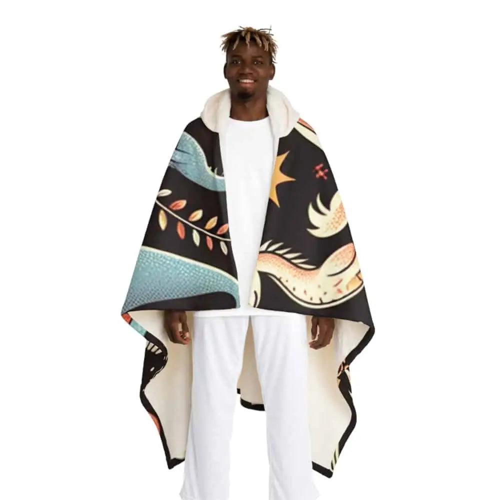 Hooded Sherpa Fleece Blanket with Wizard Pattern One size