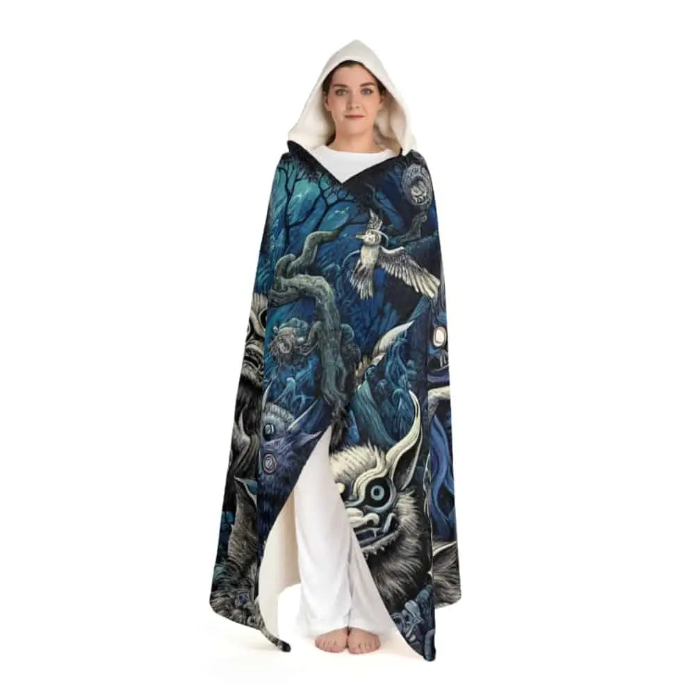 Hooded Sherpa Fleece Blanket with Yokai Ink Art Design
