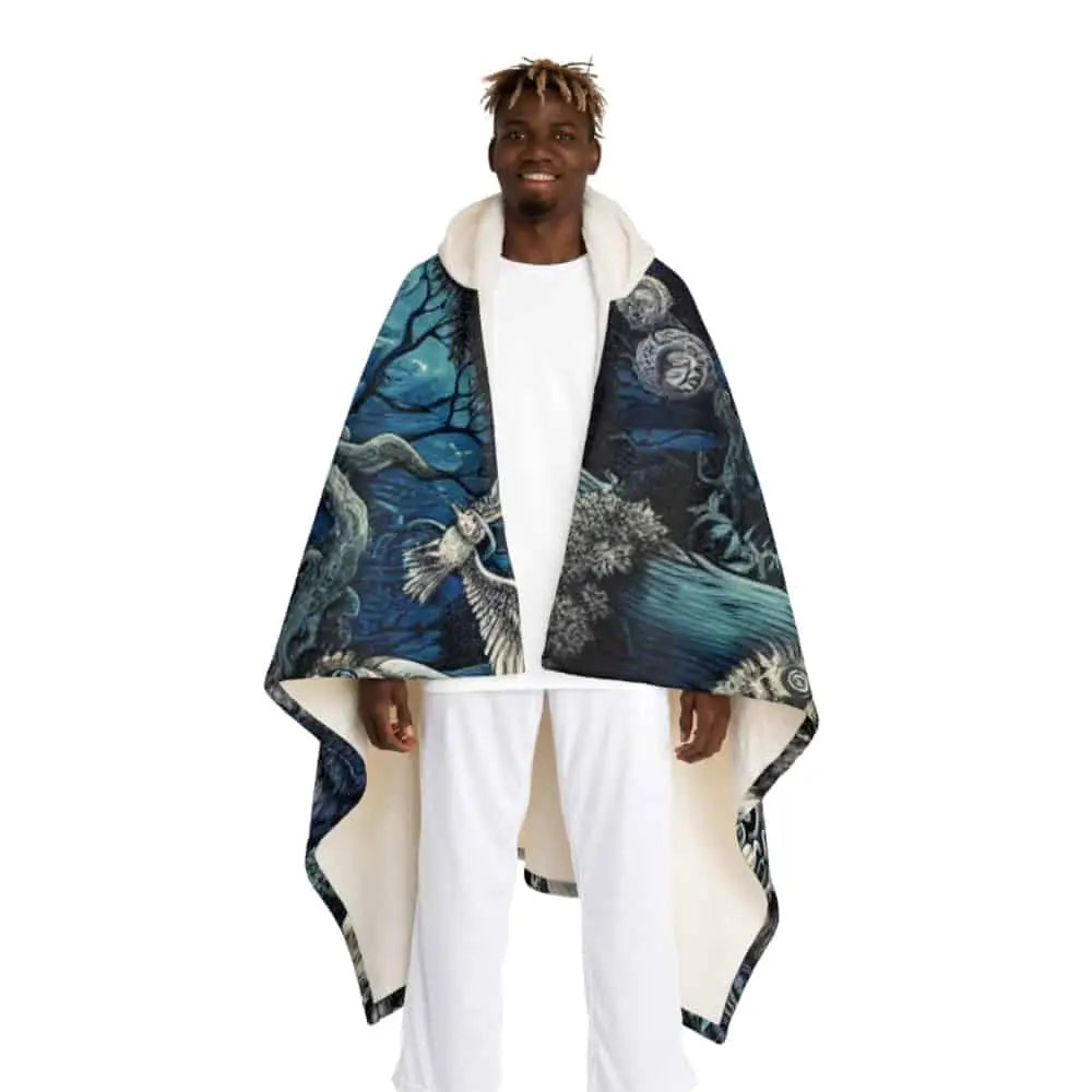 Hooded Sherpa Fleece Blanket with Yokai Ink Art Design