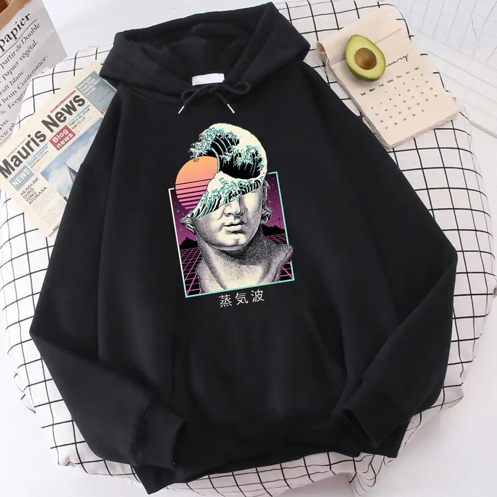 Hoodie Great Wave Vaporwave Prints Kanagawa Design black / S