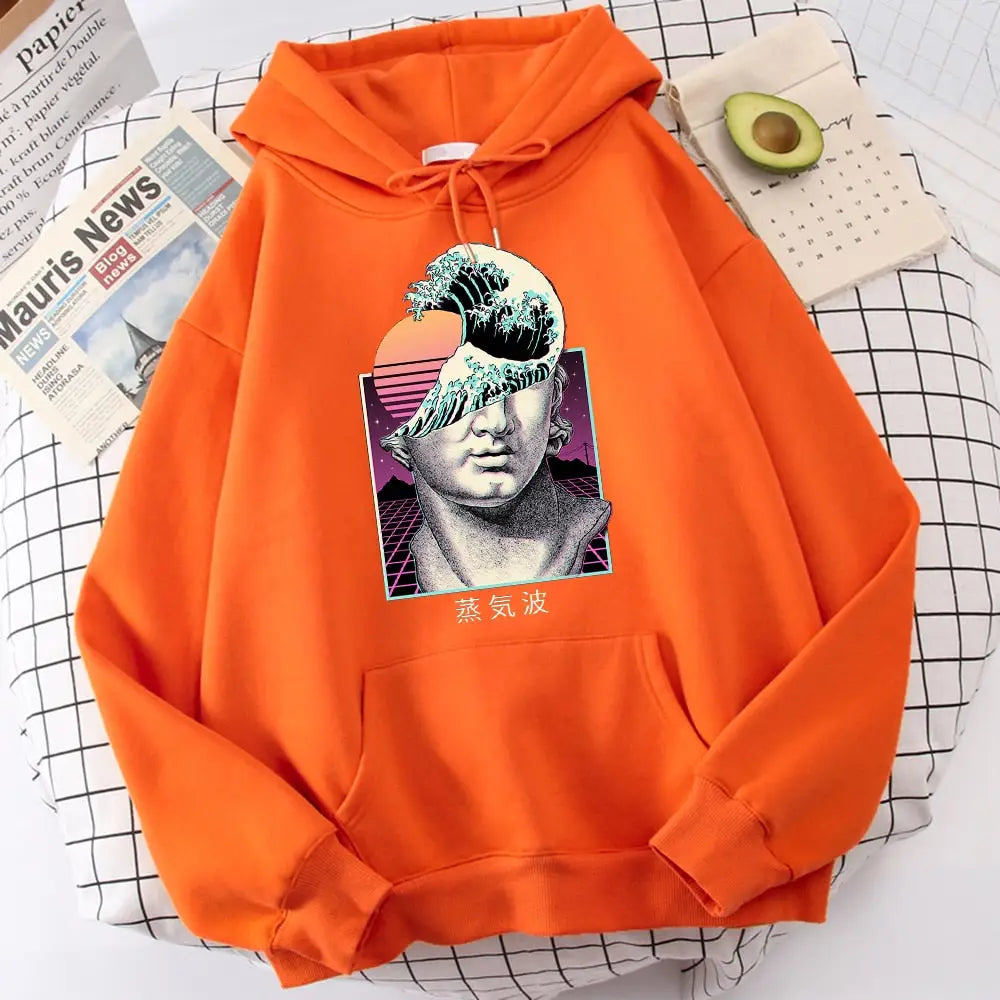 Hoodie Great Wave Vaporwave Prints Kanagawa Design orange