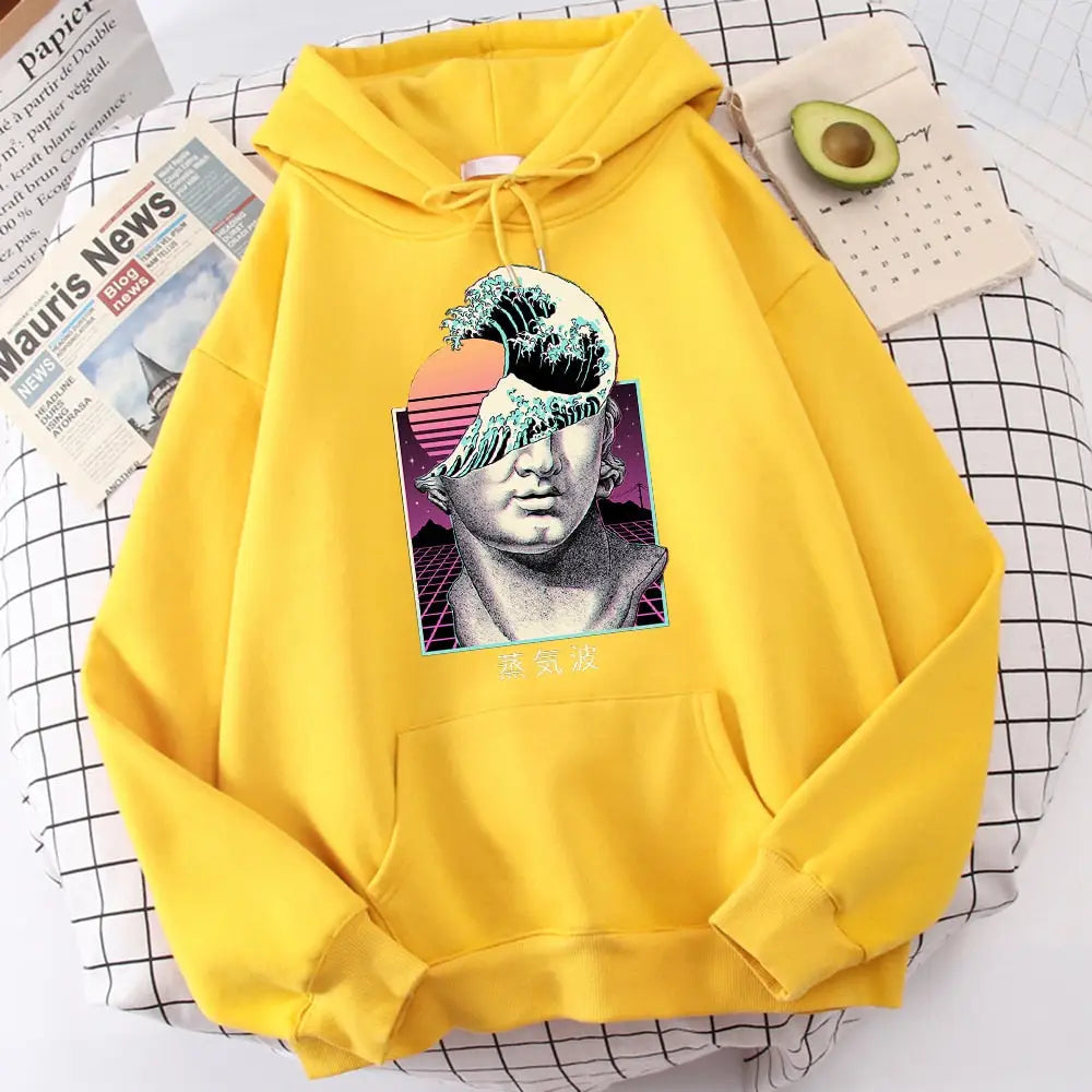 Hoodie Great Wave Vaporwave Prints Kanagawa Design yellow