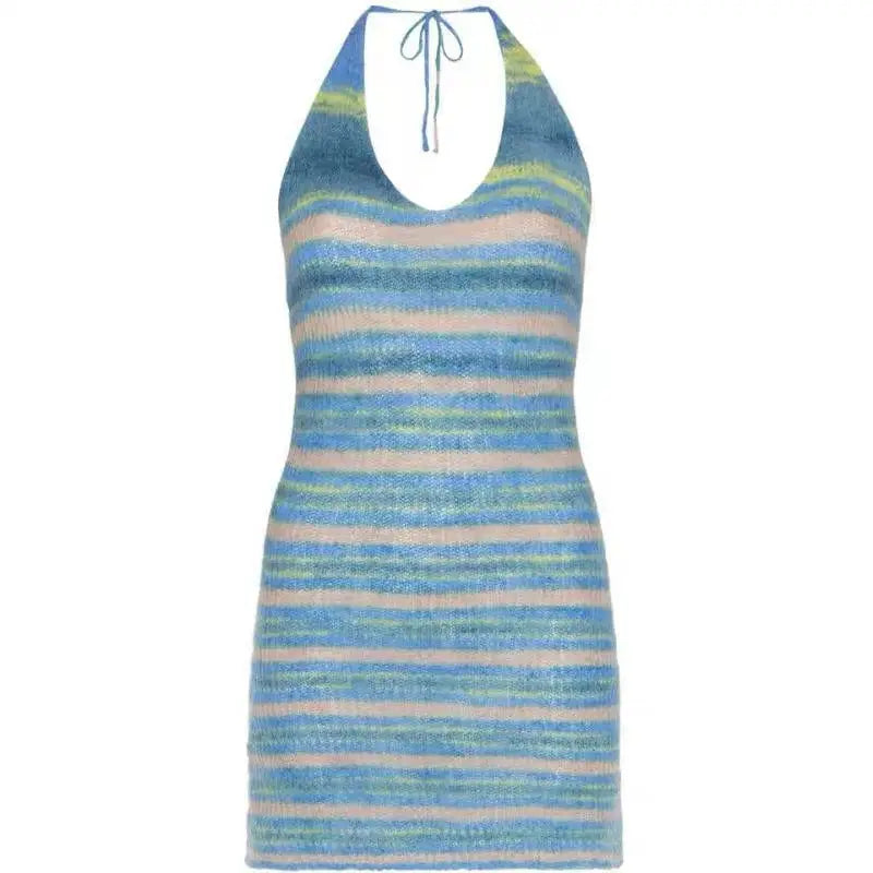 Horizontal Stripes Knitted Halter Neck Dress - Blue