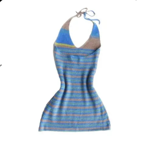 Horizontal Stripes Knitted Halter Neck Dress - Blue