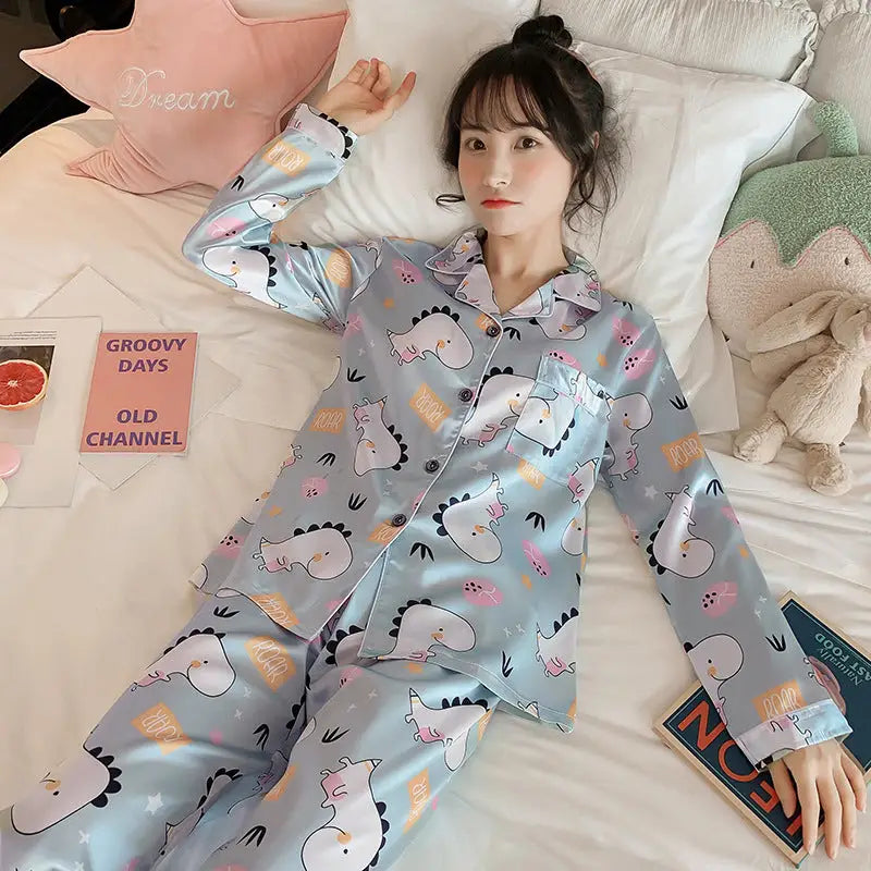 Ice Silk 2 Piece Set Long Sleeve Pajama