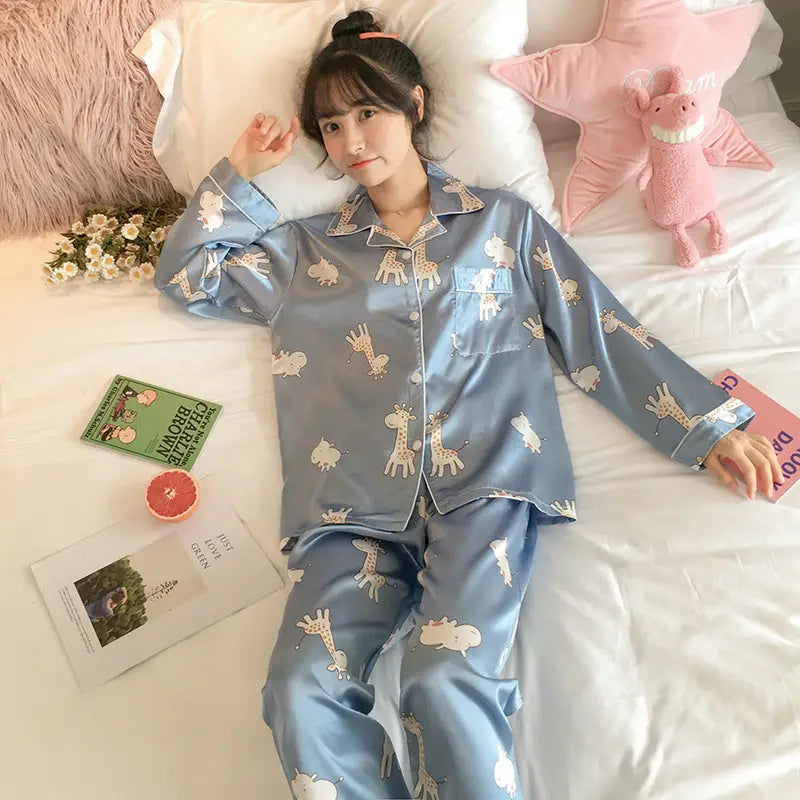 Ice Silk 2 Piece Set Long Sleeve Pajama