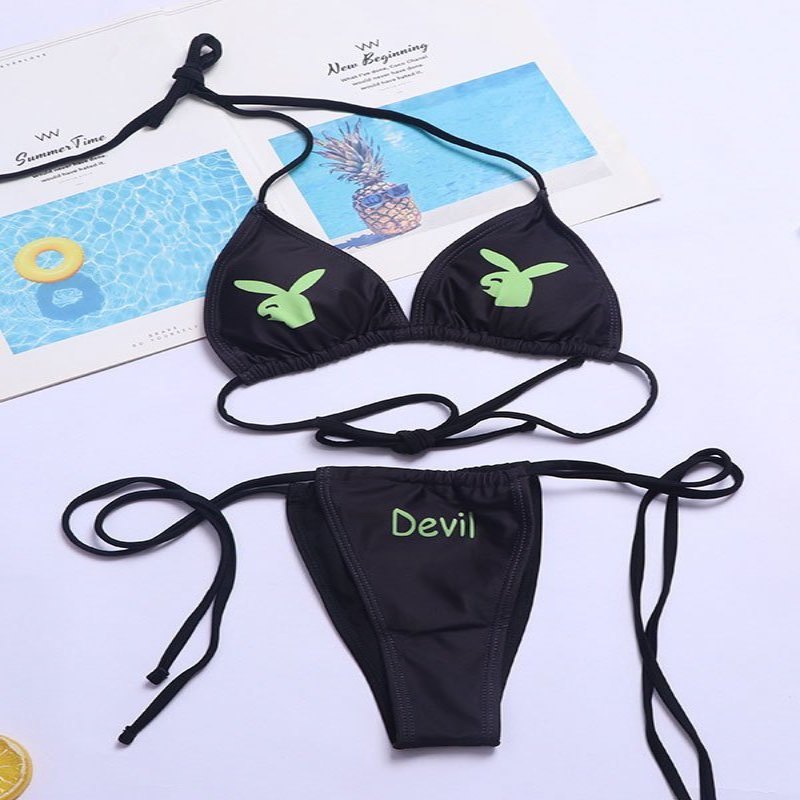 Devil Dark LaceUp Bikini Set - Black / S
