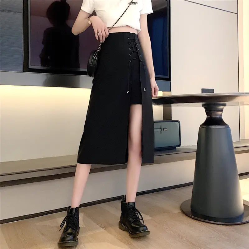 Irregular Black High Waist Mid-length A-line Skirt