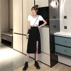 Irregular Black High Waist Mid-length A-line Skirt