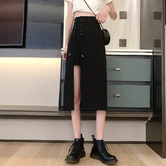 Irregular Black High Waist Mid-length A-line Skirt