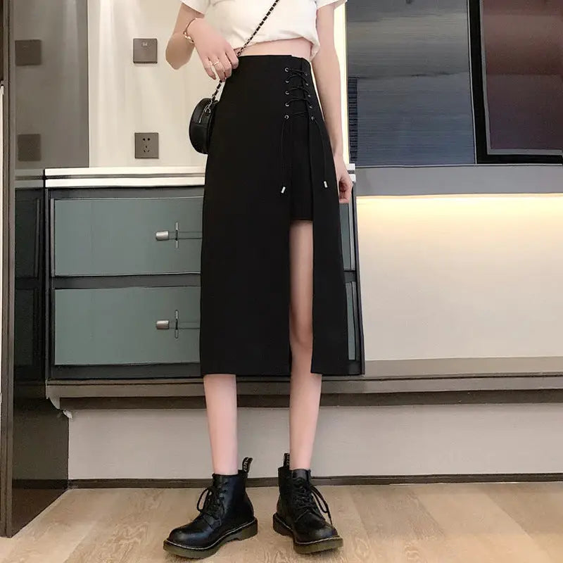 Irregular Black High Waist Mid-length A-line Skirt