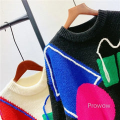 Irregular Geometric Contrast Color Knitted Oversize Sweater