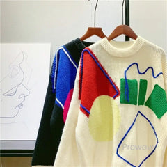 Irregular Geometric Contrast Color Knitted Oversize Sweater