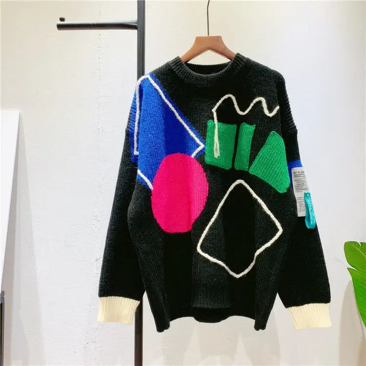 Irregular Geometric Contrast Color Knitted Oversize Sweater