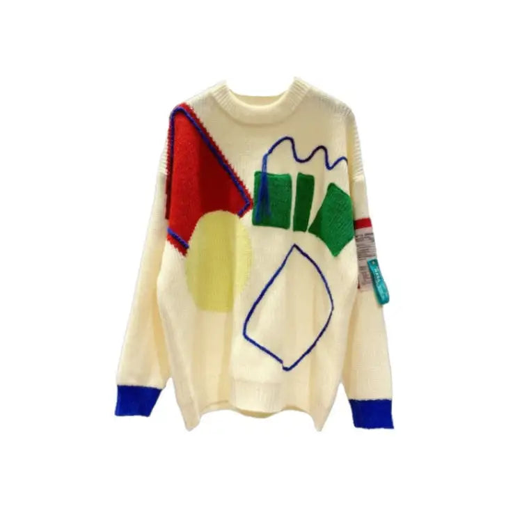 Irregular Geometric Contrast Color Knitted Oversize Sweater