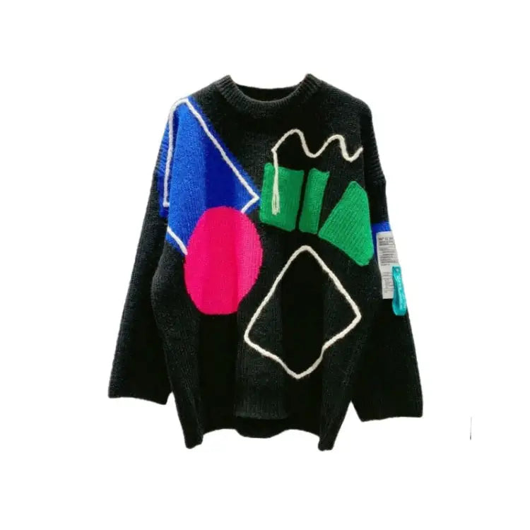 Irregular Geometric Contrast Color Knitted Oversize Sweater