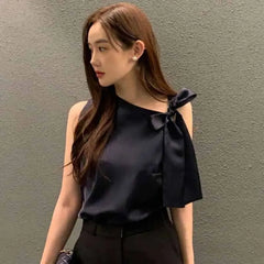 Irregular Tie Bow Sleeveless Loose Blouse