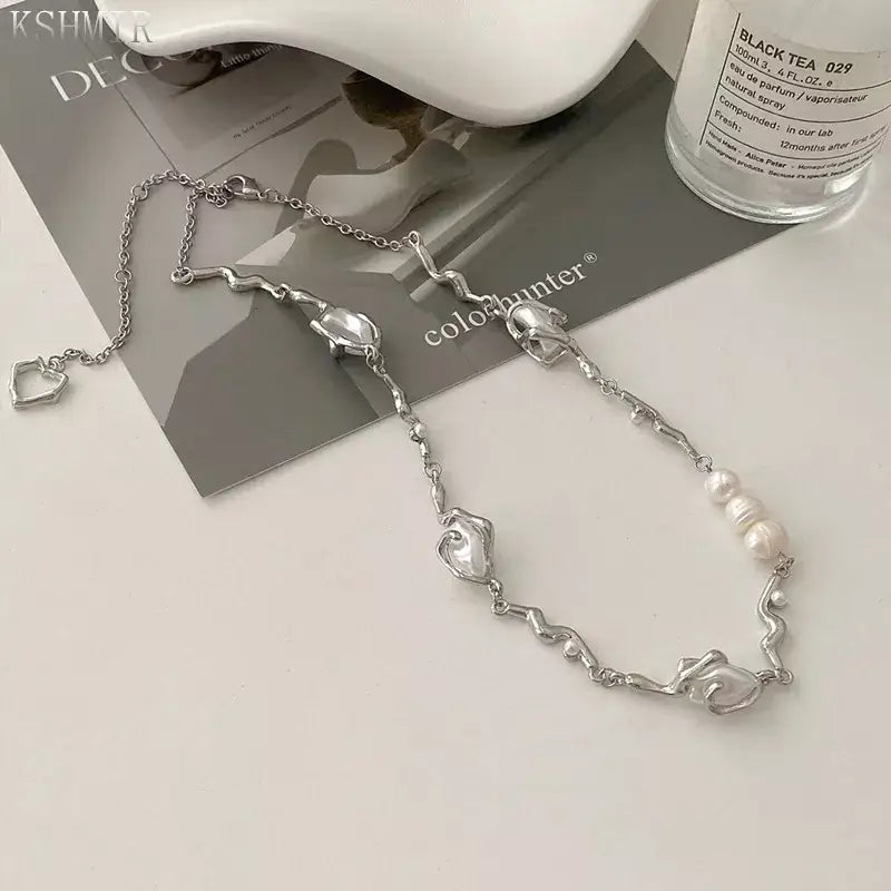 Irregular Titanium Steel Pearl Necklace - Necklaces