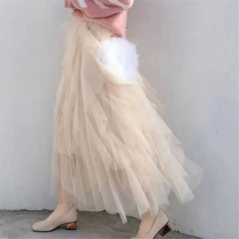 Irregular Tutu Elastic High Waist Long Tull Skirt