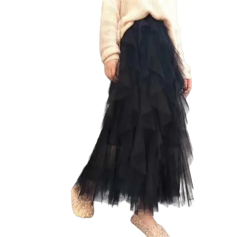 Irregular Tutu Elastic High Waist Long Tull Skirt - Black