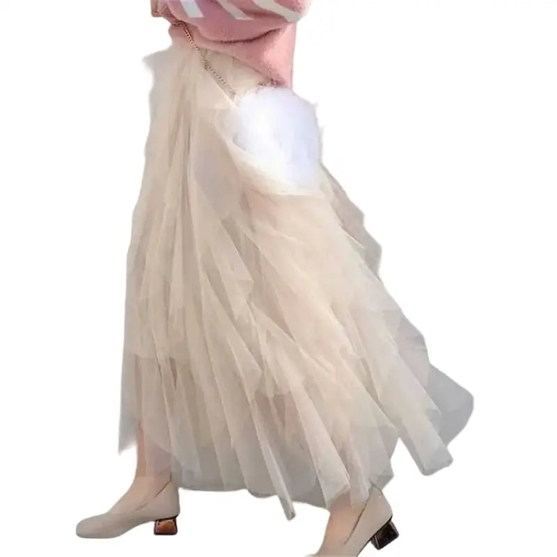 Irregular Tutu Elastic High Waist Long Tull Skirt - Pink / S