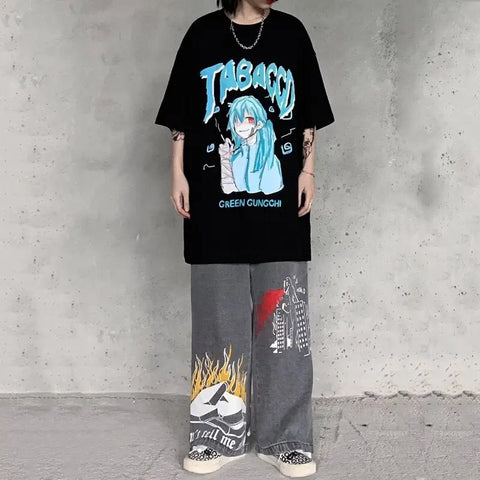 JABACCD Anime Print Oversize Japanese T-Shirt