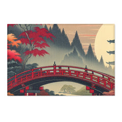Japanese Aesthetic Area Rug with Red Bridge and Pagoda