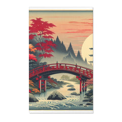 Japanese Aesthetic Area Rug with Red Bridge and Pagoda