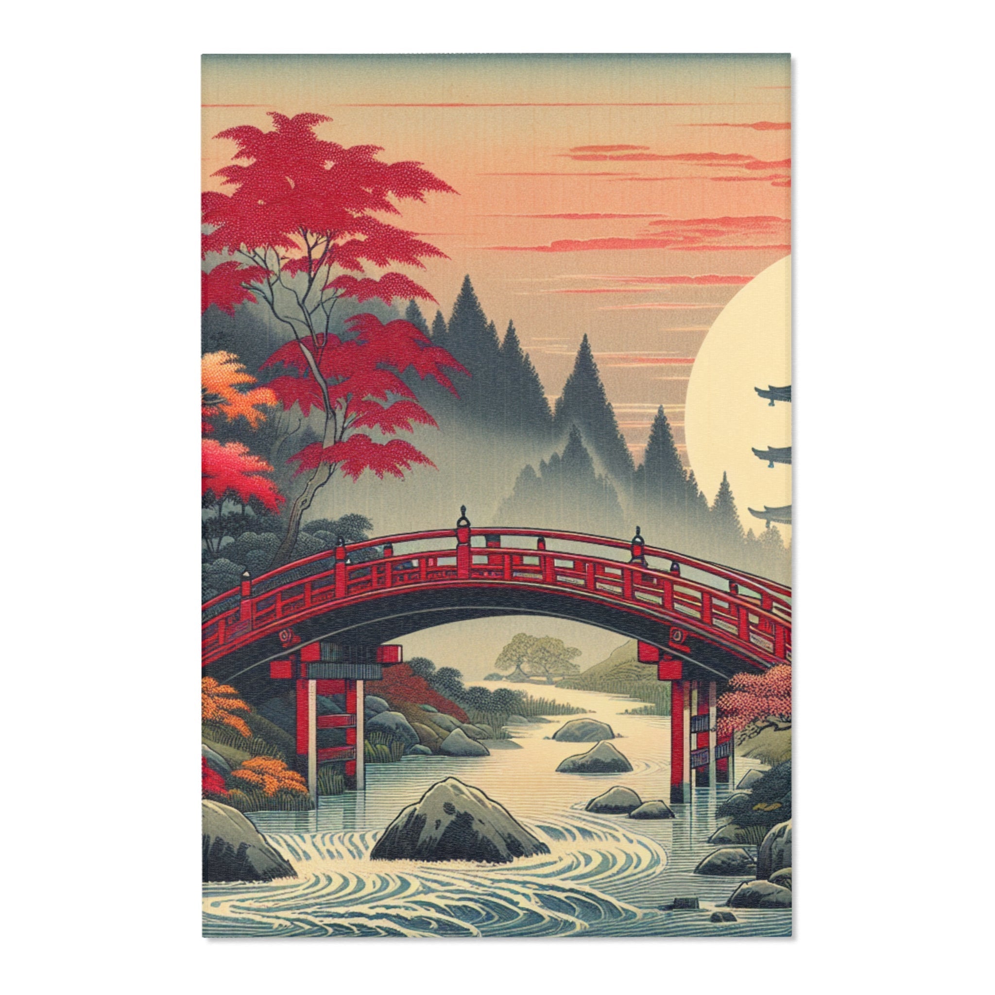 Japanese Aesthetic Area Rug with Red Bridge and Pagoda