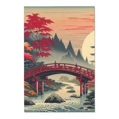 Japanese Aesthetic Area Rug with Red Bridge and Pagoda