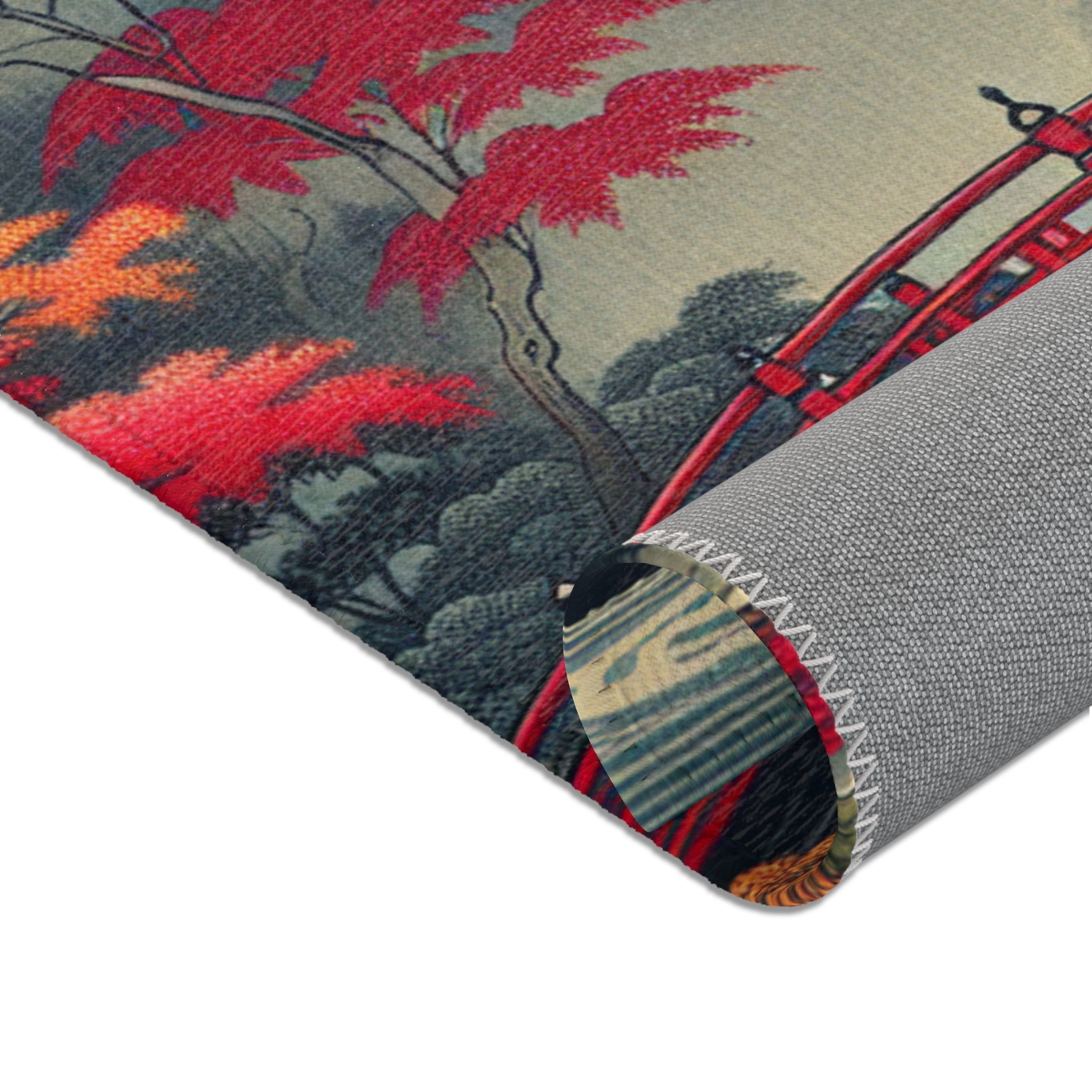 Japanese Aesthetic Area Rug with Red Bridge and Pagoda Scene