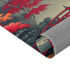 Japanese Aesthetic Area Rug with Red Bridge and Pagoda Scene