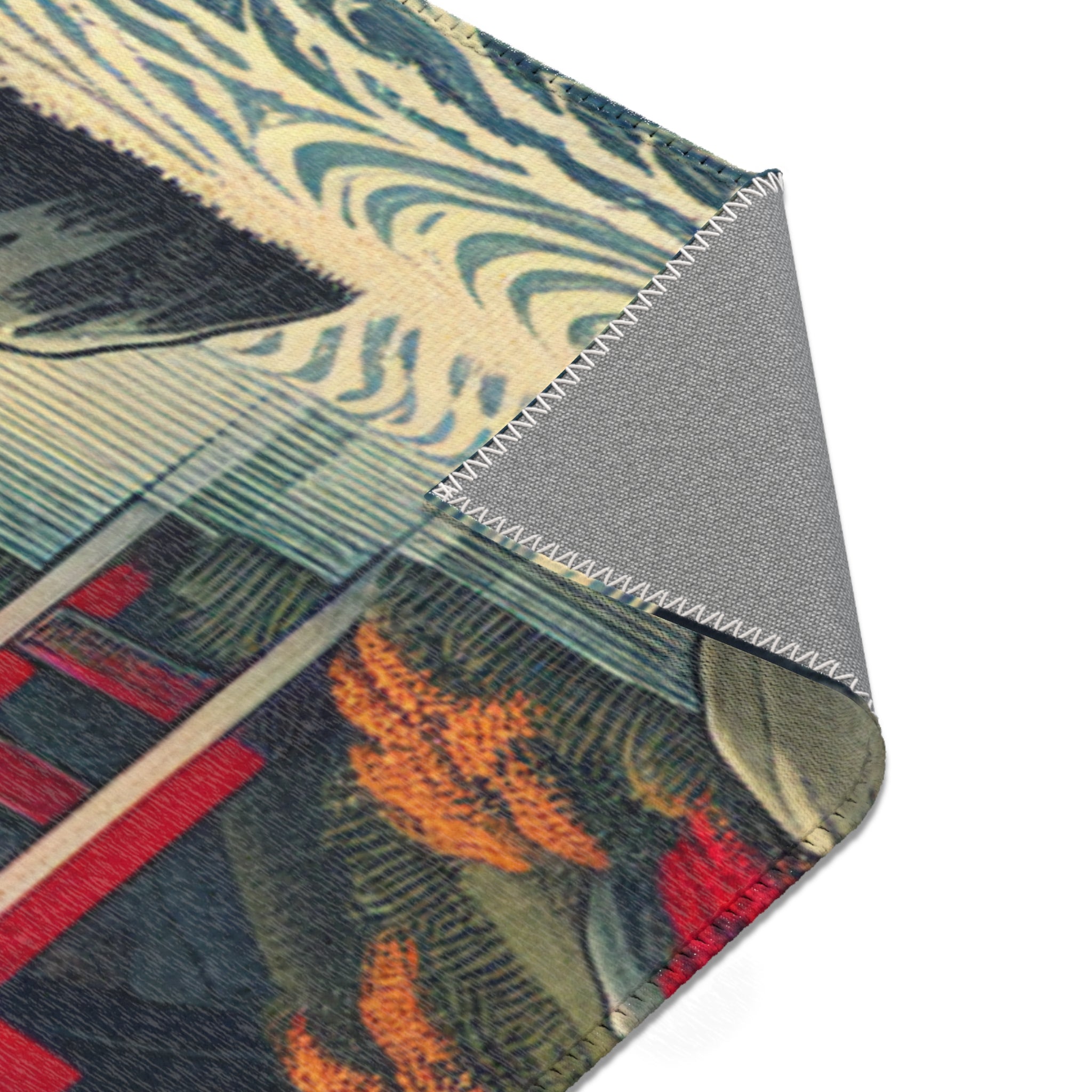 Japanese Aesthetic Area Rug with Red Bridge and Pagoda Scene