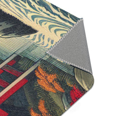 Japanese Aesthetic Area Rug with Red Bridge and Pagoda Scene