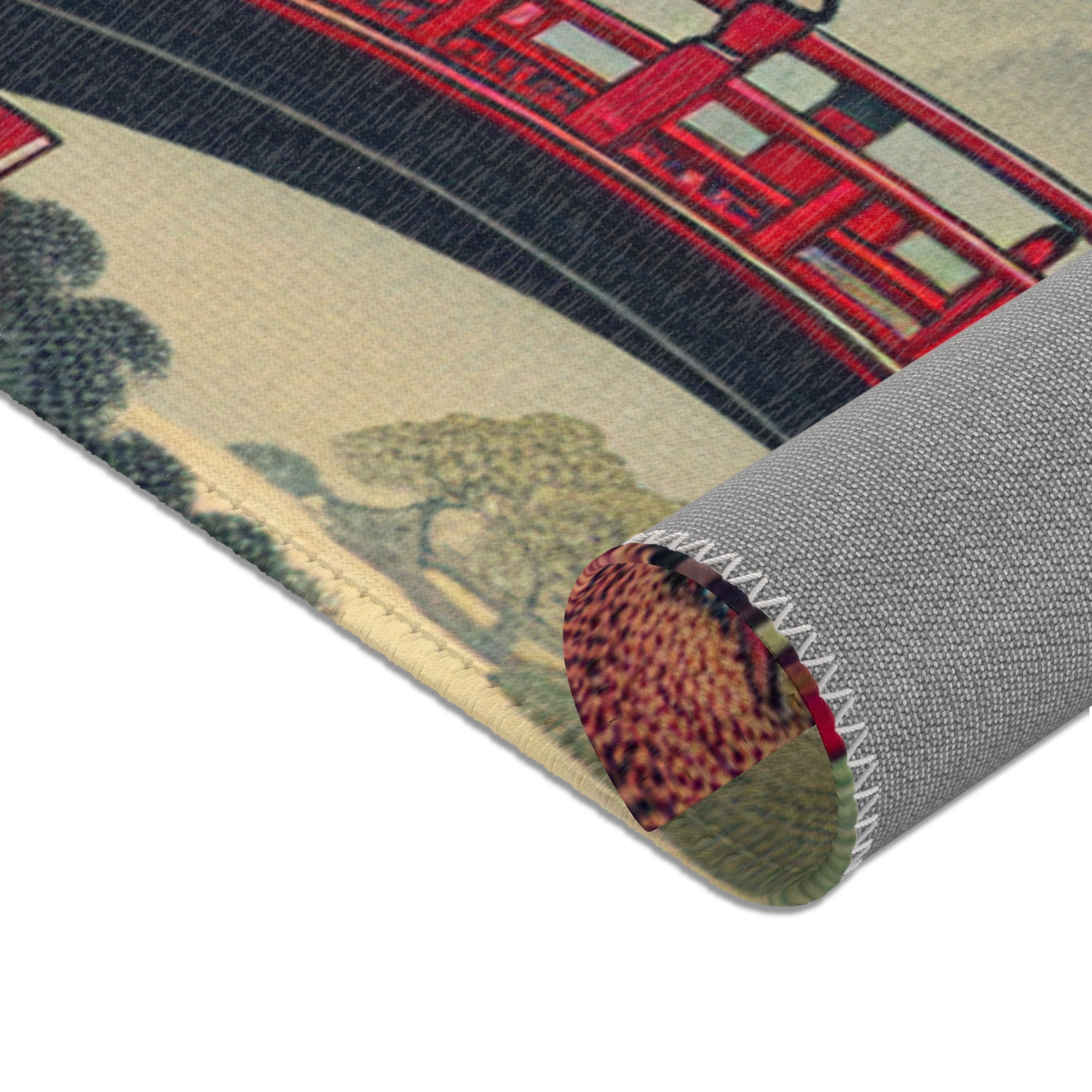 Japanese Aesthetic Area Rug with Red Bridge and Pagoda Scene