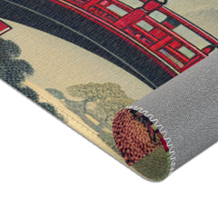 Japanese Aesthetic Area Rug with Red Bridge and Pagoda Scene
