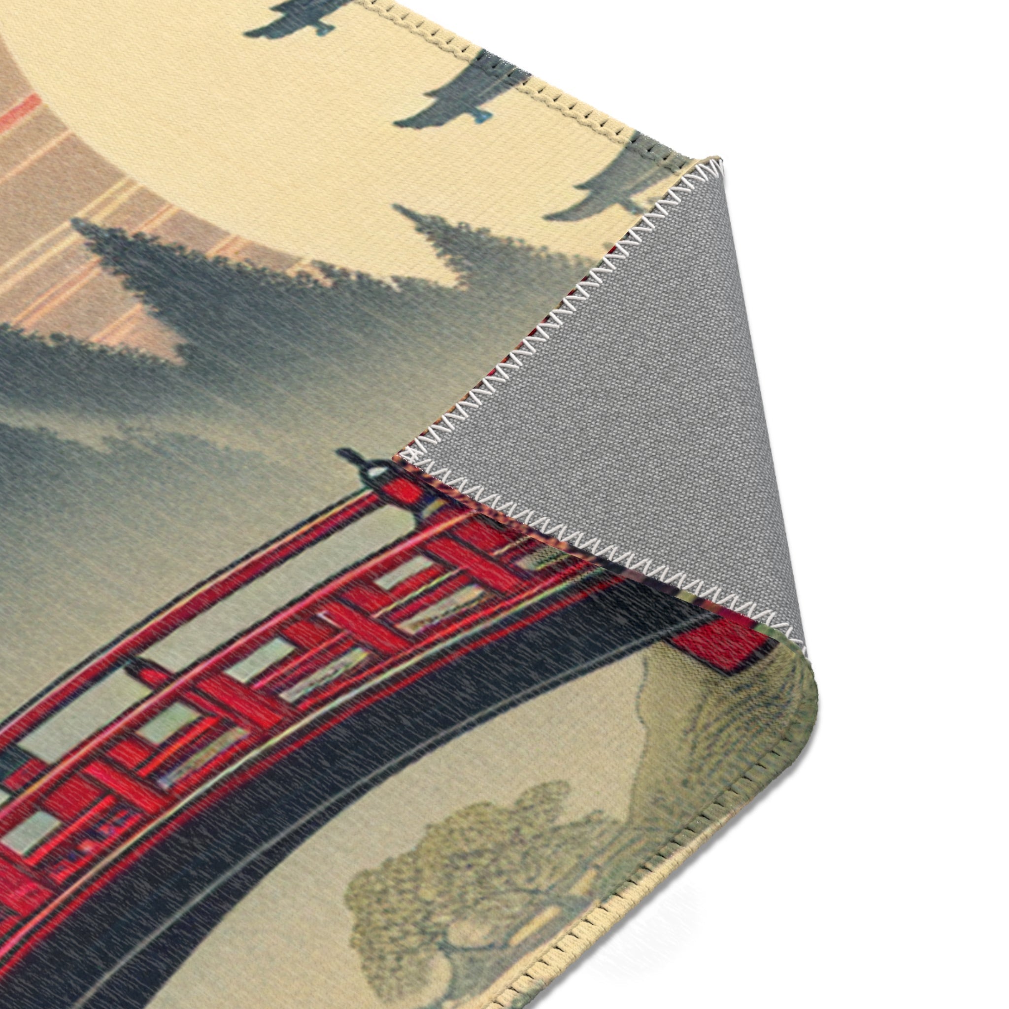 Japanese Aesthetic Area Rug with Red Bridge and Pagoda Scene